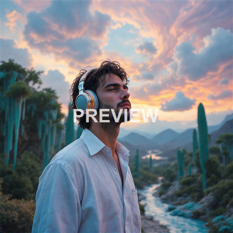 A young man with dark, wavy hair and a beard is wearing large, metallic headphones and gazing thoughtfully into the distance with a scenic landscape of tall, blue-green cacti, a flowing river, mountains, and a colorful sunset sky in the background.
